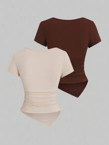 Sweetra Y2K 性感不对称下摆纽扣长款 T 恤 - 彩色 - 查看 2