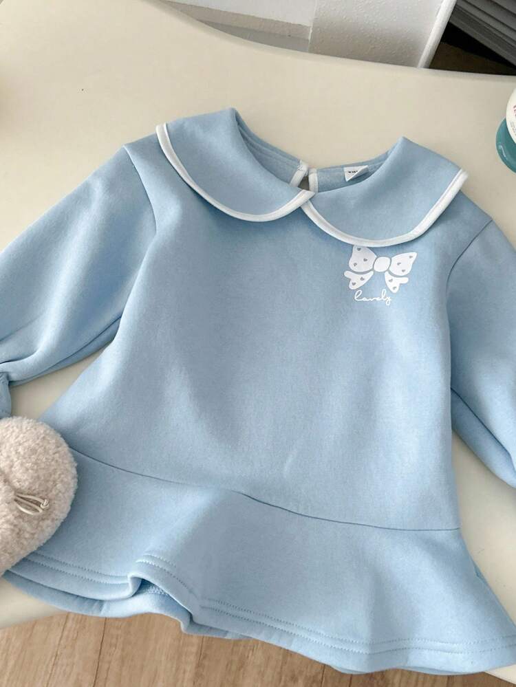 Genkimix Kids 女婴时尚简约蝴蝶结印花彼得潘领弹力荷叶边下摆羊毛运动衫连衣裙，蓝色，时尚秋季通勤装 - 藍色 - 查看 3