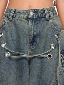 ROMWE Grunge Punk Quần jeans nữ cạp thấp dáng rộng phong cách Punk Streetwear - Màu xanh lam - Xem 4