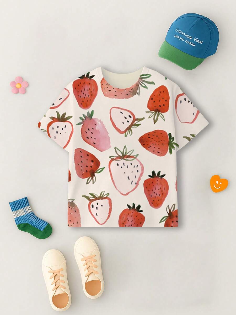 Baby Girl Simple Round Neck Short Sleeve Strawberry Print T-Shirt Top, Fashionable - Multicolor - View 1