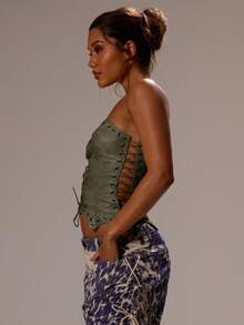 MUSERA Faux Leather Tie Up Bandeau Eyelet Curved Hem Corset Tube Top Festival, Concert, Rave, Club, , Sexy  Spring Summer Holiday - Dark Green - View 4