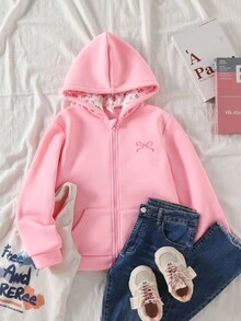 Sparklyn Tween Girls Cute Sweet Floral Bow Print Double Layer Zipper Pocket Loose Jacket, Casual Vacation Versatile, Autumn/Winter Fall - Pink - View 3