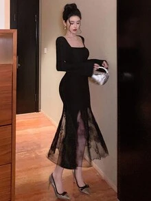 DAZY Vestido de encaje y parches elegante de longitud media para mujer, vestido de graduación de otoño - Negro - Ver 5