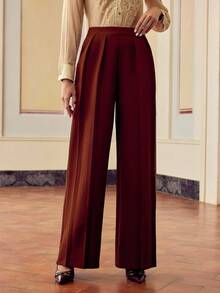 ZEYLAH Women's Casual Pleated Straight Leg Pants, Solid Color, For Daily Wear & Work Fall Cloth For Women - Brown - View 3