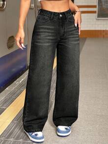 SHEIN Tall 女式休闲日常街头水洗斜口袋宽松直筒牛仔裤