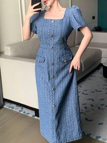 DAZY Casual Washed Floral Print Square Neck Puff Sleeve Women Denim Dress, Summer