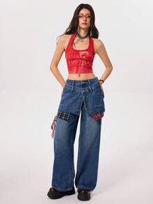 Rivivi Fashionable Double-Layer Waistband Plaid Patchwork Jeans - Light Wash - View 7