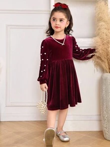 优雅天鹅绒长袖串珠褶饰喇叭裙，酒红色，适合万圣节、圣诞节、派对 - 酒紅色 - 查看 3