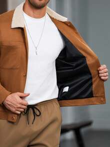 Manfinity CasualCool Áo khoác nam tay dài cổ màu tương phản, túi đơn cài khuy, áo khoác Sherpa màu nâu thời trang thu đông - Cà phê nâu - Xem 7