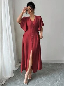 Elenzga 大码女式春夏法式优雅通勤休闲度假下午茶波西米亚风 V 领纽扣装饰 A 字开衩喇叭袖长裙 - 酒紅色 - 查看 4