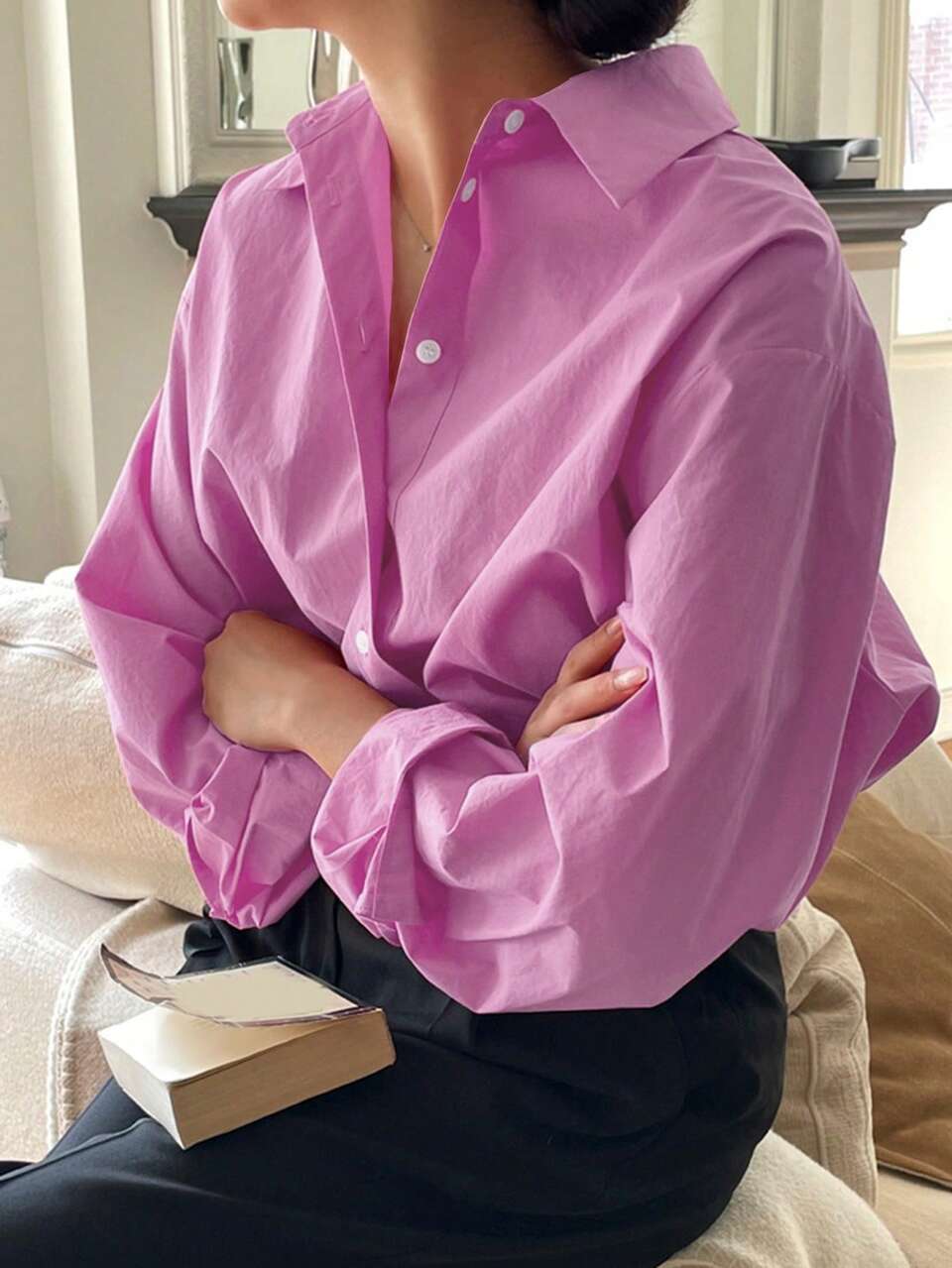 Women's Casual Solid Color Drop Shoulder Loose 100% Cotton Shirt, Spring & Autumn