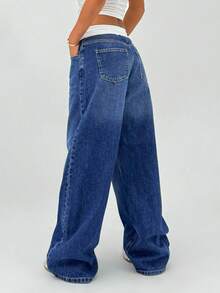 CasuGlow 100%纯棉女式短裙，年轻款低腰阔腿宽松牛仔裤 - 深色水洗藍 - 查看 2