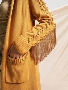 Easelle 女牛仔西部复古休闲串珠流苏细节连帽姜黄色长款毛衣，秋冬乡村音乐会 - 棕色 - 查看 6