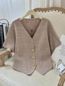 Modelyn Plus Size Solid Color V-Neck Button Front Casual Versatile Short Sleeve Sweater In Fall/Winter