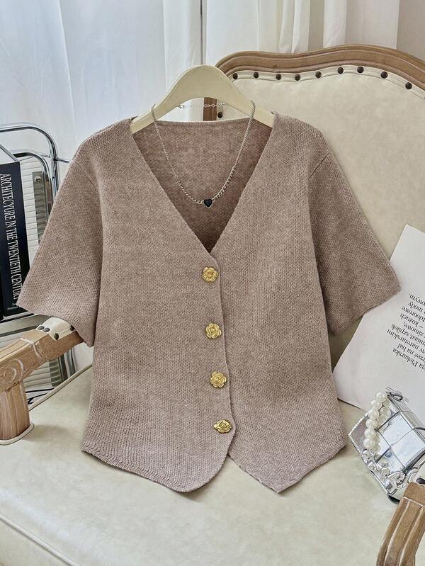 Modelyn Plus Size Solid Color V-Neck Button Front Casual Versatile Short Sleeve Sweater In Fall/Winter