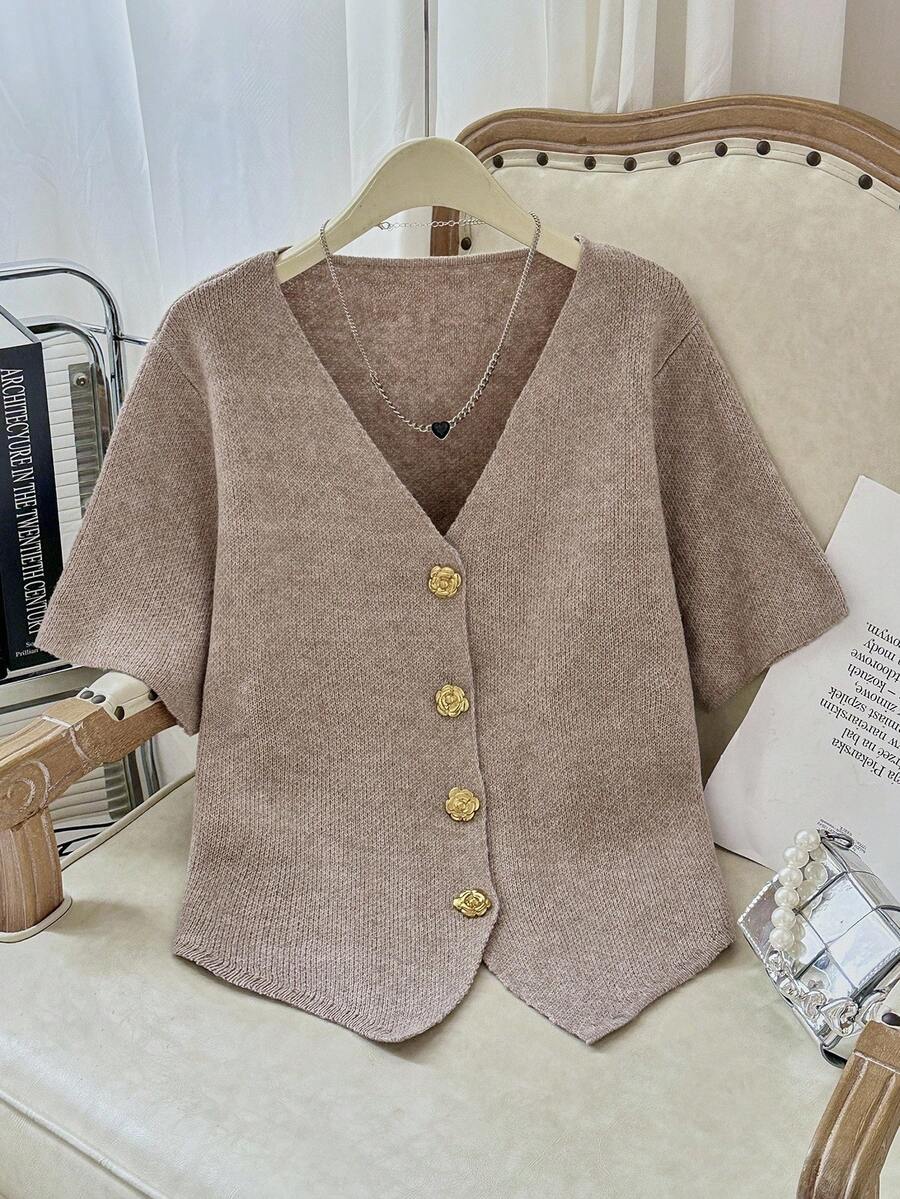 Modelyn Plus Size Solid Color V-Neck Button Front Casual Versatile Short Sleeve Sweater In Fall/Winter