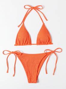Swim Basics Summer Beach Mono Bikini Set, Halter Triangle Top & Tie Side Bottom 2 Pieces Bikini, Bathing Suit - Orange - View 6