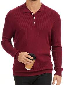 Manfinity Dauomo Men's Solid Color Polo Neck Long Sleeve Casual Sweater - Burgundy - View 3