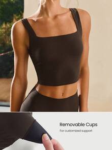 GLOWMODE FeatherFit™ Ribbed Flex Soft Square Neck Sports Bra Low Impact Yoga Pilates Studio Daily Casual Wear Removable Cups Fall Winter - Chocolate Brown - View 4