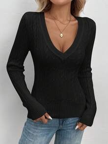 SHEIN LUNE 女式V领麻花针织紧身休闲复古白色毛衣，秋冬 - 黑色 - 查看 4