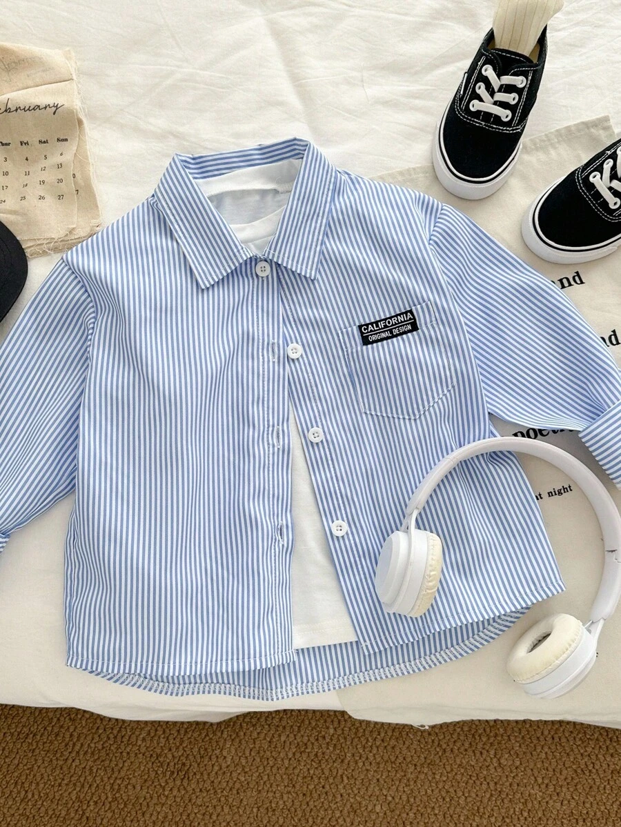 Genkimix Kids 女童长袖蓝白条纹字母印花宽松休闲衬衫，适合所有季节 - 藍色 - 查看 1