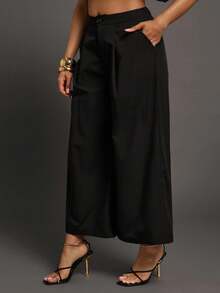 Vixey 纯色梭织褶裥斜插口袋阔腿七分裤，商务休闲，办公 - 黑色 - 查看 5