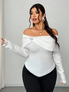 Elenzga Women's Elegant Christmas & New Year White Daily Open Shoulder Solid Color Shawl Collar Off Shoulder Long Sleeve Metal Rhinestone Decor Ruched Fitted Short Plus Size Knit Sweater - White - View 3