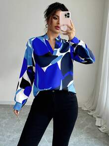 Elenzga Fashionable Commuter Contrast Color Print Notch Collar Shirt - Blue - View 5