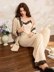 Côtesoire 三件套法式优雅提花蕾丝睡衣套装，秋冬服装 - 杏色 - 查看 1