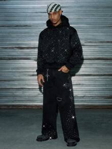 AXEPEAK 男士水洗宽松休闲水钻装饰裤 - 黑色 - 查看 3