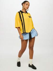 SUMWON WOMEN Boxy Varsity Style Collared Polo Top With Diagonal Stripe Detail And Number Print Half Sleeve Drop Shoulder Casual Preppy Oversize Tshirt - Yellow - View 7