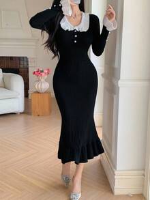 DAZY 女士优雅撞色领针织毛衣裙，秋季 - 黑色 - 查看 6