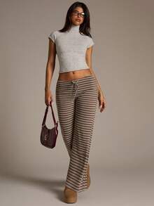 Aloruh Women's New Brown Striped Low-Waist Pants, Autumn/Winter,Fall