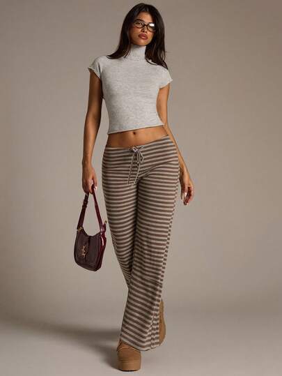 Aloruh Women's New Brown Striped Low-Waist Pants, Autumn/Winter,Fall,For Daily,Office,Outgoing,Street