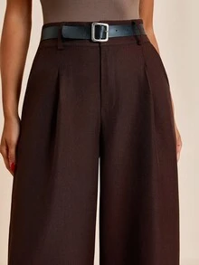 EURMUSE Pantalón de pierna ancha con pliegues, ajuste a medida, moda de verano, ropa de oficina, bolsillos laterales, estilo casual elegante, pliegues delanteros, aspecto nítido, atuendo profesional, diseño elegante, material estructurado, corte clásico, estilo minimalista, moda urbana, aspecto sofisticado, casual de negocios, esencial de temporada, estética moderna - Marrón - Ver 5