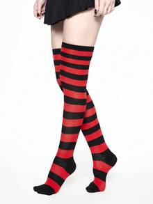 ROMWE Grunge Punk 1 Pair Gothic Style Red & Black Wide Striped Over-The-Knee Socks - Multicolor - View 4