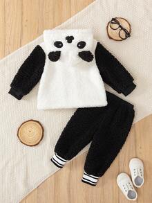 2 件套幼儿男童卡通刺绣 3D 耳朵设计羊毛连帽衫和裤子套装，适合秋冬季日常穿着和各种场合