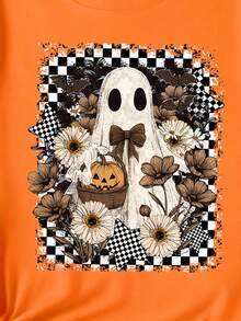 Trang phục hóa trang Halloween cho nữ mùa hè, ngày lễ, thời trang thường ngày, hoạt hình sáng tạo, dễ thương, họa tiết bàn cờ, bí ngô, hoa, ma, quỷ, áo thun tay ngắn cơ bản rộng rãi - Màu Khaki - Xem 7