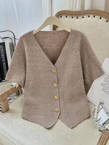 Modelyn Plus Size Solid Color V-Neck Button Front Casual Versatile Short Sleeve Sweater In Fall/Winter