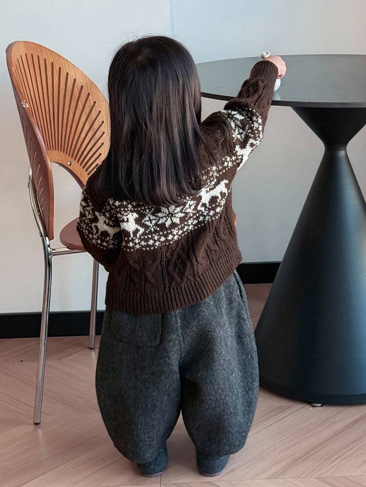 Baby Girls' Crew Neck Contrast Color Cartoon Print Long Sleeve Sweater Fall,Winter Toddler Girls Clothes