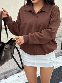 INAWLY Moletom Feminino de Cor Sólida, Estilo Minimalista, Casual, Gola Virada, Manga Longa - Castanho - Visão 4