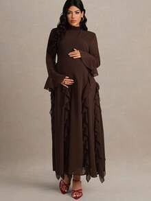 MaterniChic 孕妇纯色立领插肩袖荷叶边下摆时尚连衣裙 - 棕色 - 查看 5