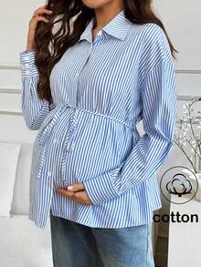 SHEIN 孕妇休闲条纹印花纽扣腰衬衫 - 藍白色 - 查看 1