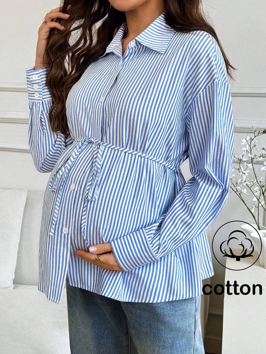 SHEIN 孕妇休闲条纹印花纽扣腰衬衫 - 藍白色 - 查看 1
