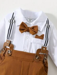 SHEIN Bộ trang phục quý ông 3 món cho bé trai mới biết đi, áo liền quần dài tay màu trắng và quần kaki có dây đeo, thoải mái, đa năng, cổ điển, thời trang, dễ thương, phong cách Anh, thích hợp cho trong nhà, ngoài trời, hàng ngày, thể thao, vui chơi, tiệc tùng, chụp ảnh, kỳ nghỉ, ngày lễ, đám cưới, tiệc chào đón em bé, lễ rửa tội và sinh nhật lần thứ 1 - Nhiều màu - Xem 4