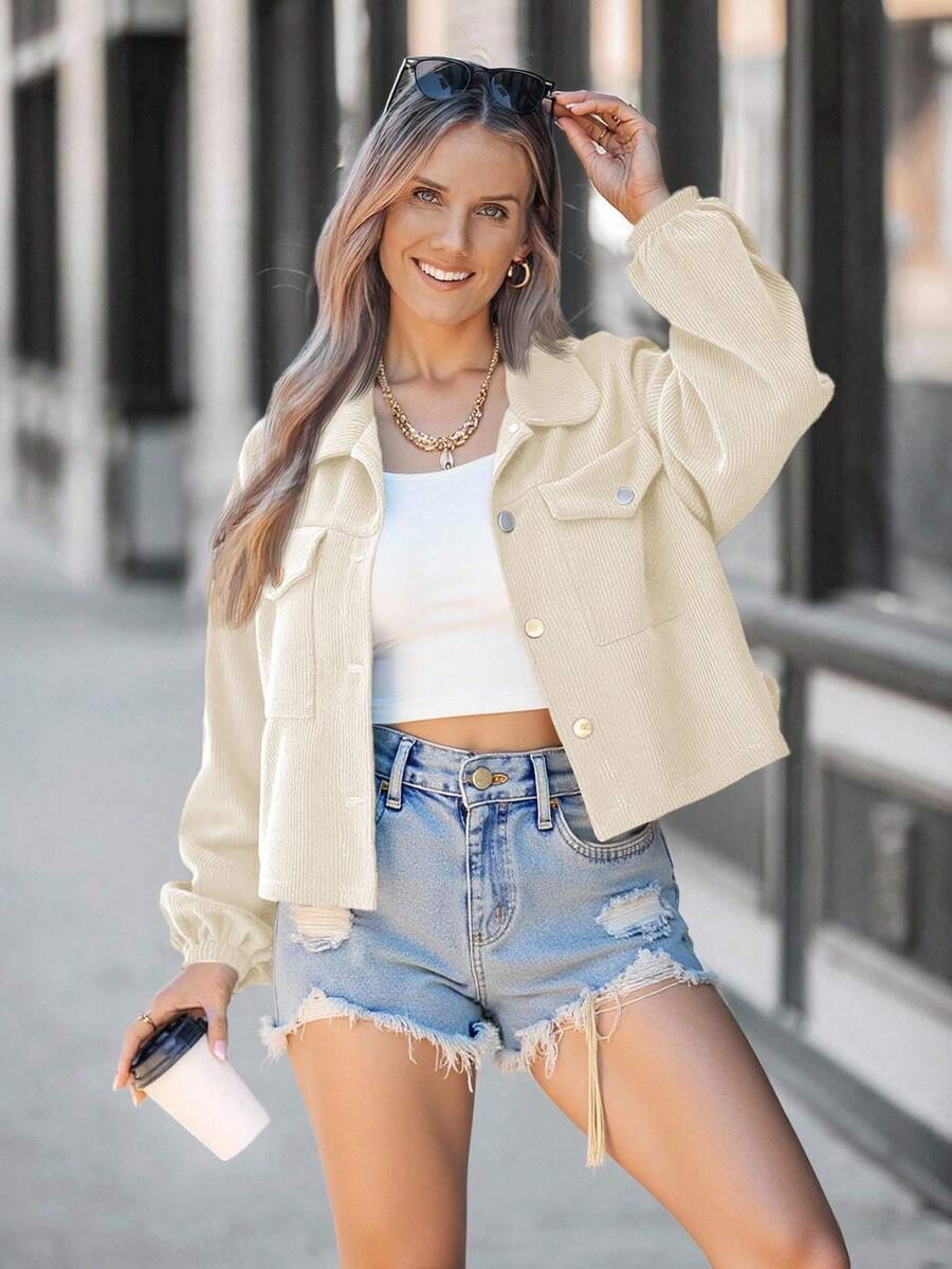 SHEIN LUNE Áo khoác ngắn cài nút thời trang thu đông cho nữ - Màu Khaki - Xem 1