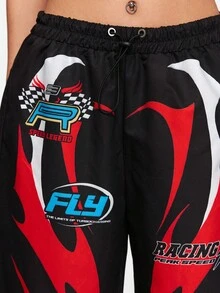 ROMWE Street Life 女款街头风格赛车赛博朋克荆棘火焰徽章降落伞裤 - 黑色 - 查看 2