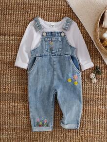 SHEIN Vintaside Kids 2 件装女婴 2025 春秋白色长袖 T 恤 + 牛仔背带裤休闲时尚服装，百搭 - 白色 - 查看 5