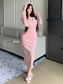 DAZY 秋冬纹理条纹羊毛毛领拼布连帽卫衣裙，性感高开叉修身中长连衣裙，粉色 - 粉色 - 查看 6