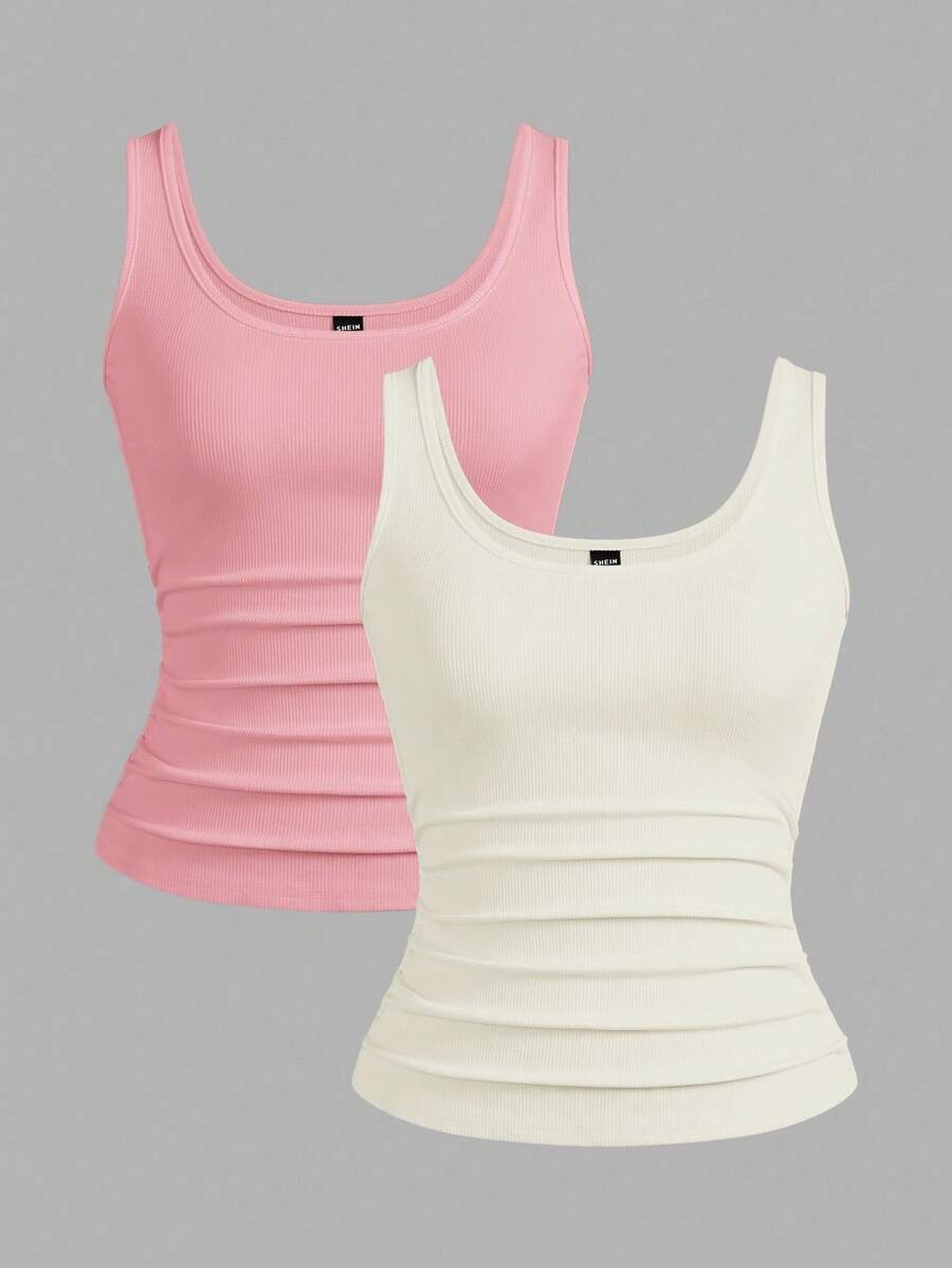 Slaydiva 3 chiếc/gói Áo ba lỗ cổ chữ V khoét sâu màu đen + trắng đơn giản thường ngày dành cho nữ - Hồng - Xem 1